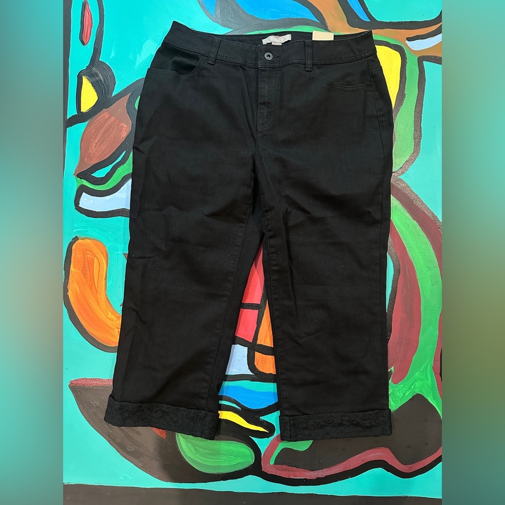 NWT Chico's Black Cropped Pants Embroidered Hem Cuff Whimsigoth Capsule Cute 10